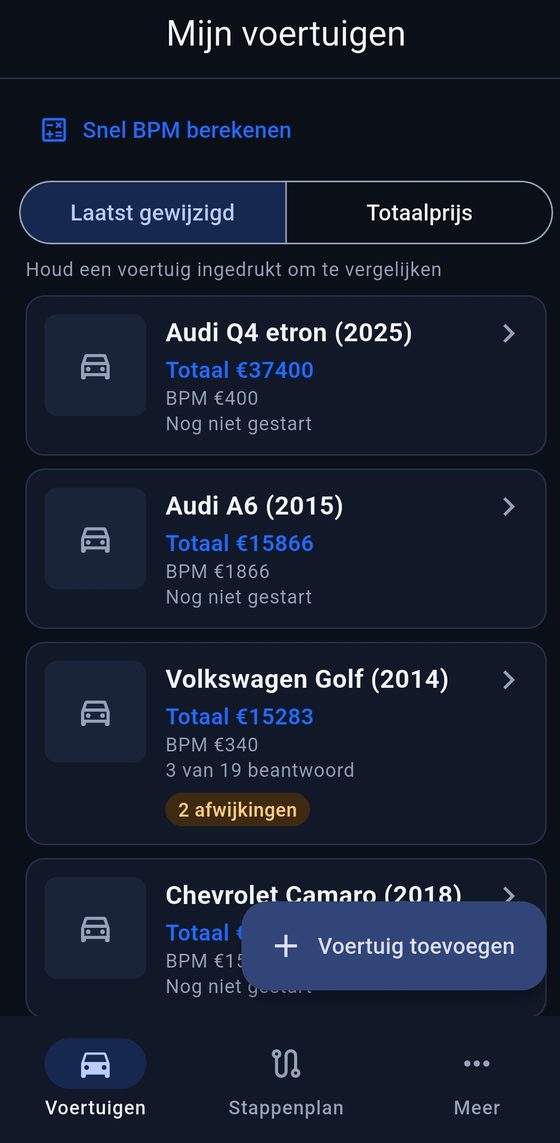 Der Tab Fahrzeuge mit deinen gespeicherten Autos