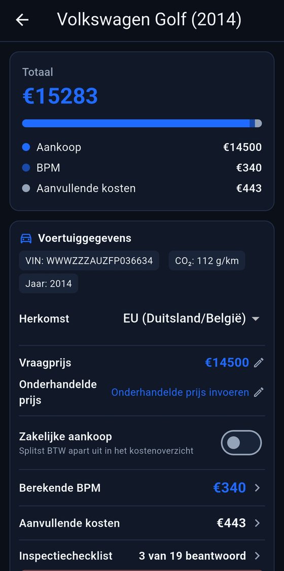 Cost items and the total of a vehicle