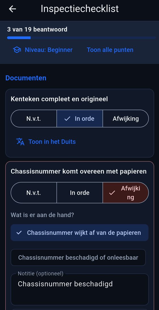 De inspectiechecklist met een afwijking